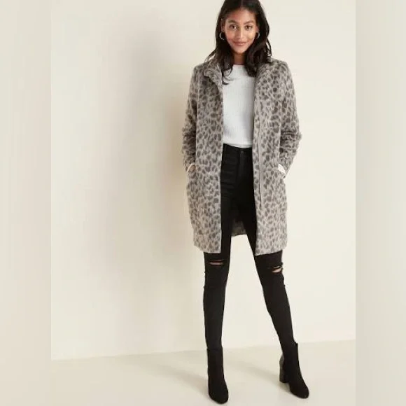 Old Navy Relaxed Soft Brushed truffle Leopard Print Women's wool blend Pea Coat - Picture 2 of 9